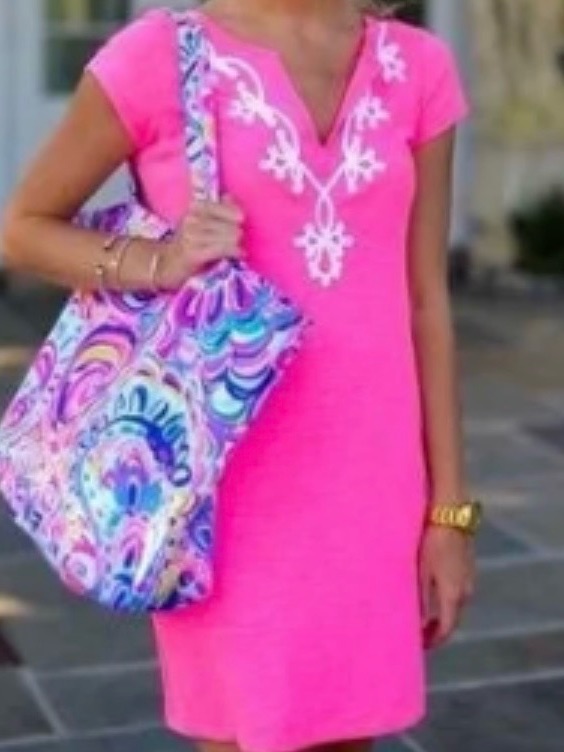 Lilly Pulitzer Bright Pink Brewster Dress With Rope Embroidered Vneck Mini Xs